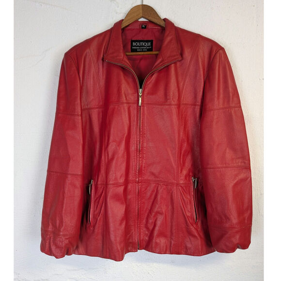Vtg Red Leather Jacket 90s Y2K Zip Retro Bold Bright Statement Womens Large - Picture 1 of 11